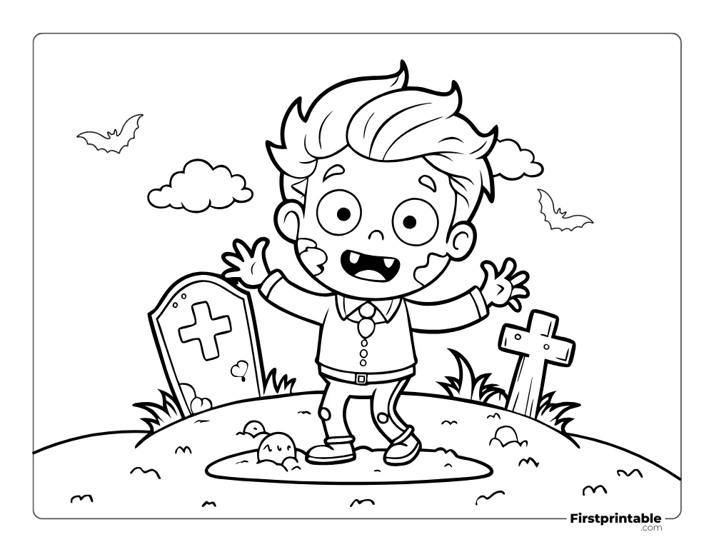 Zombie in the Cemetery Coloring Page