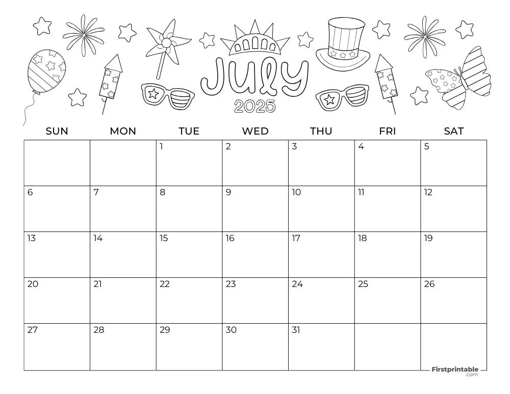 July 2025 Calendar Fourth of July Themed