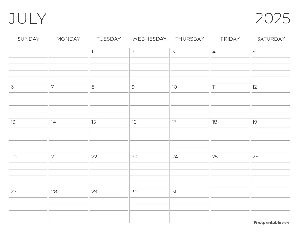 July 2025 Calendar with lines