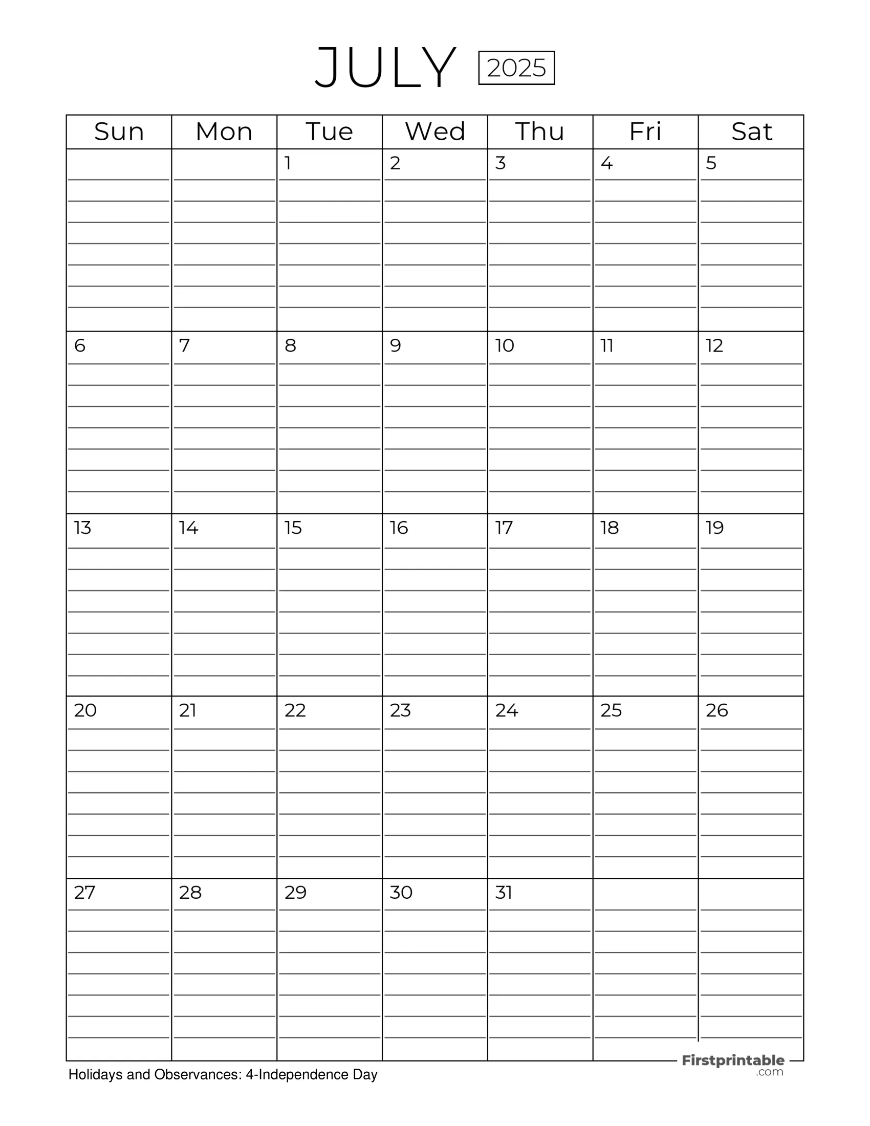 July Calendar 2025 with Lines