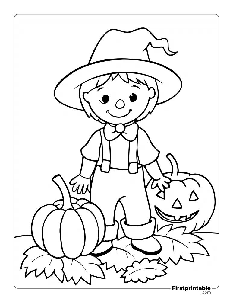 Boy in Pumpkin patch Coloring page