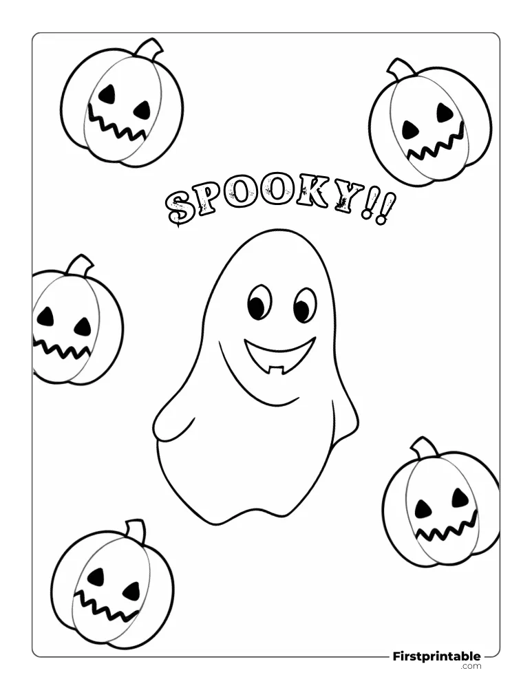 Spooky Ghost with Pumpkins floating Coloring Page