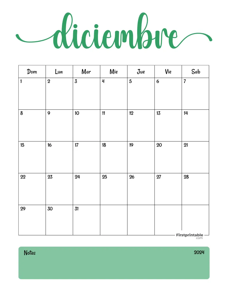 Spanish December Calendar 2024 Template 44