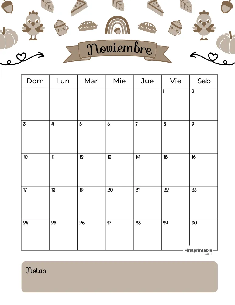 Spanish November Calendar 2024 Thanksgiving Template 43