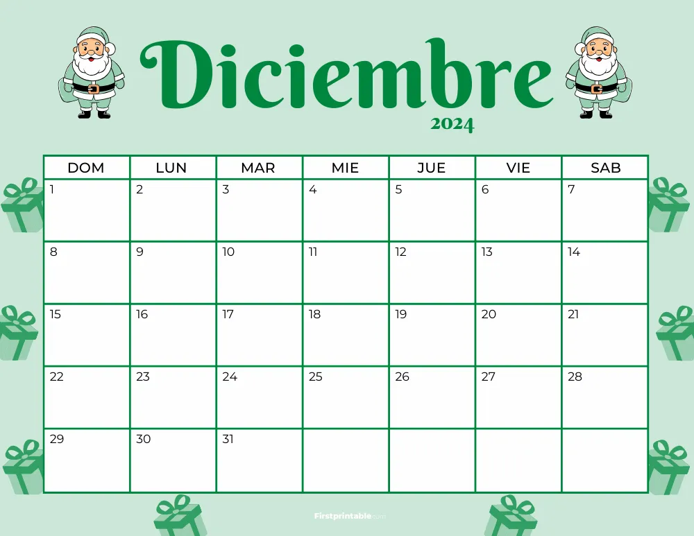 Spanish Printable December Calendar 2024 Christmas Template 36