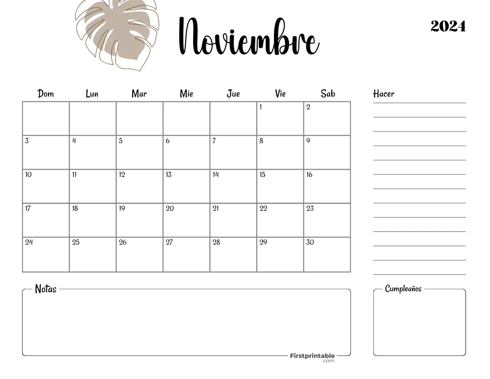 Spanish Printable November Calendar 2024 Template 37