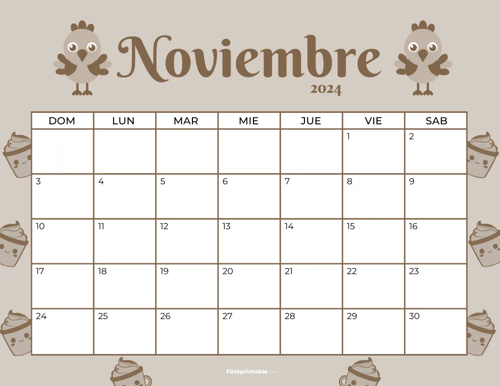 Spanish Printable November Calendar 2024 Thanksgiving Template 36