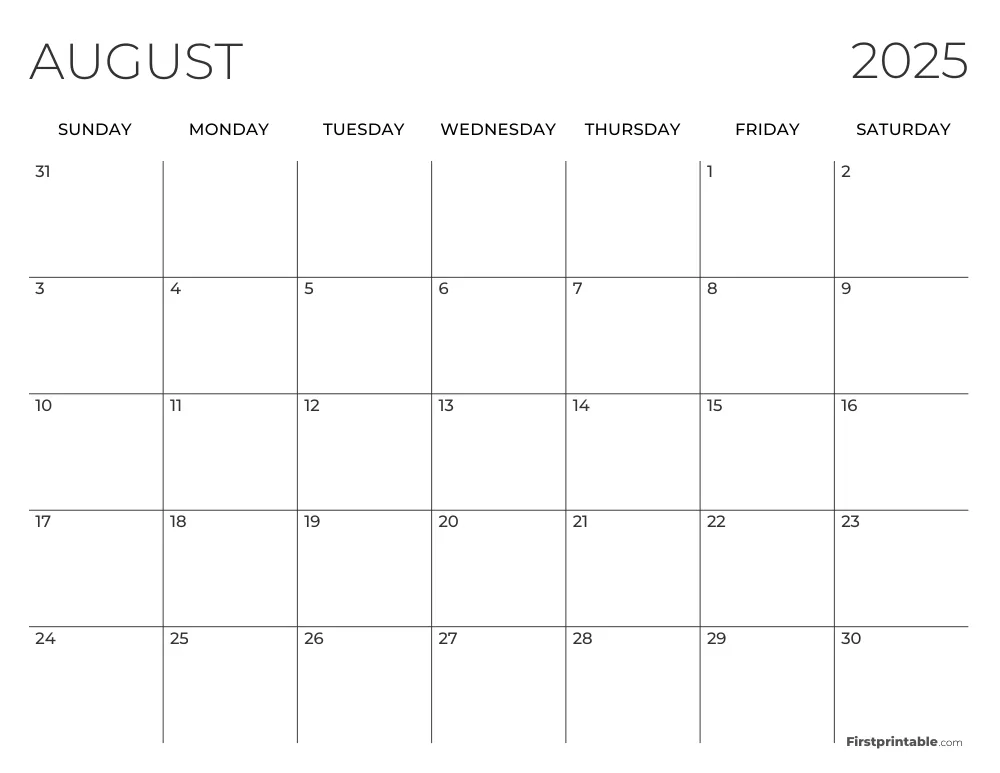 August 2025 Calendar Template