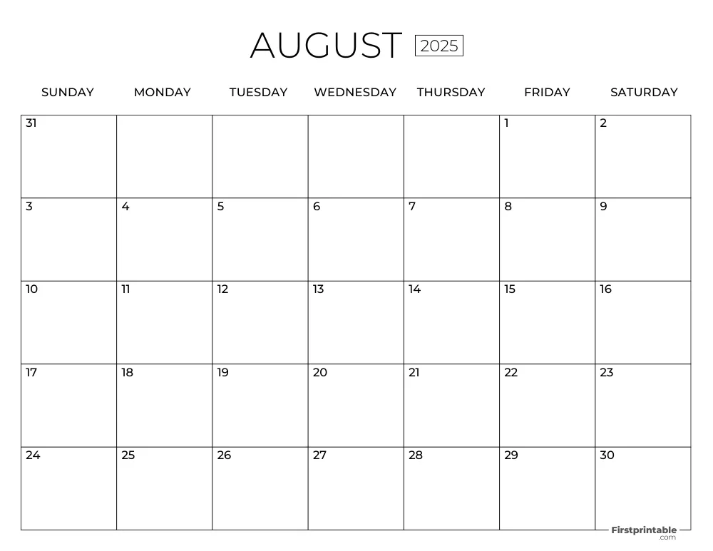 August Calendar 2025 Template