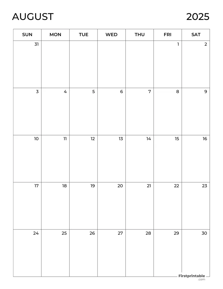 Blank August 2025 Calendar