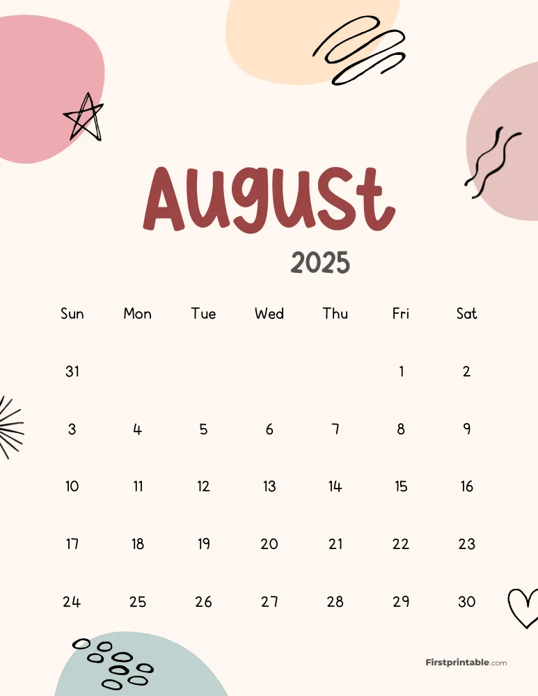 Cute Abstract August 2025 Calendar