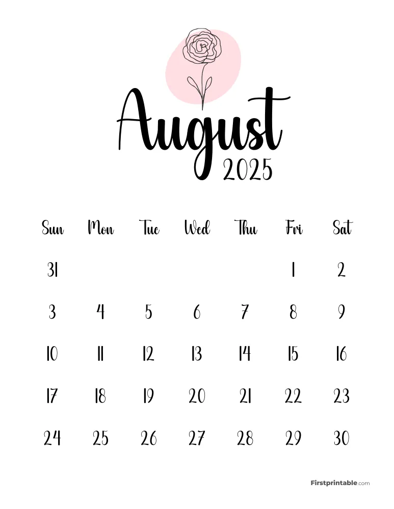 Cute Botanical August 2025 Calendar