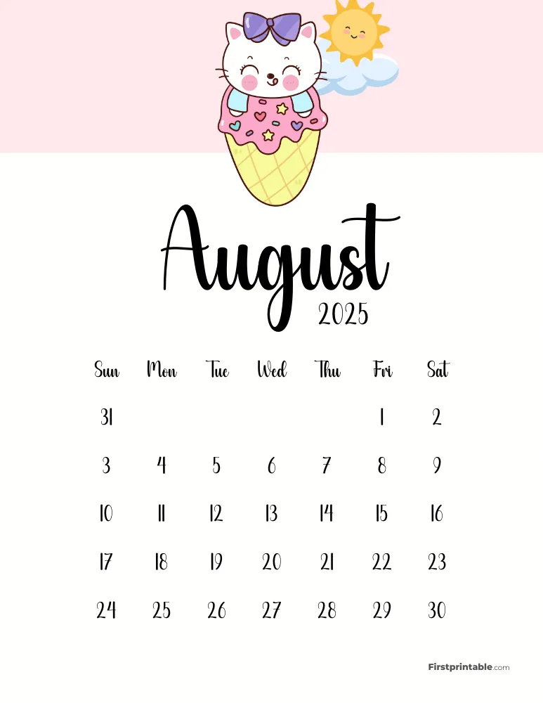 Cute Cat August 2025 Calendar