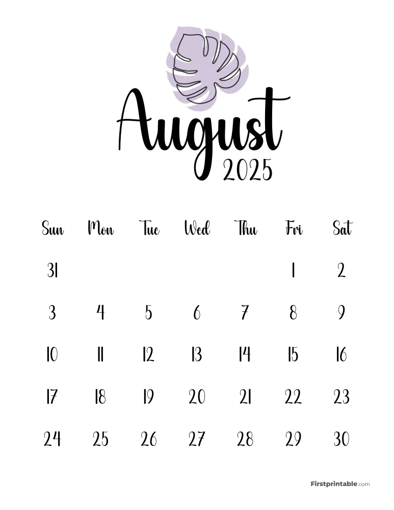 Cute Monstera August 2025 Calendar