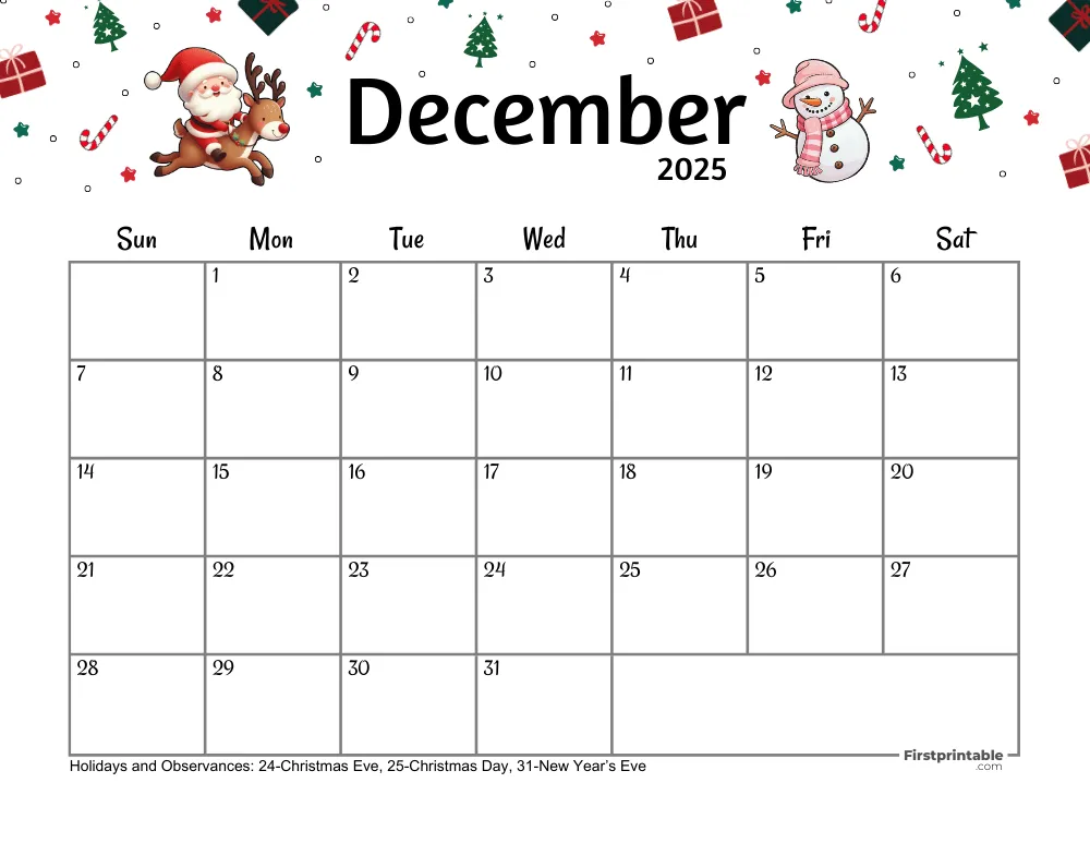 December Calendar 2025 Christmas