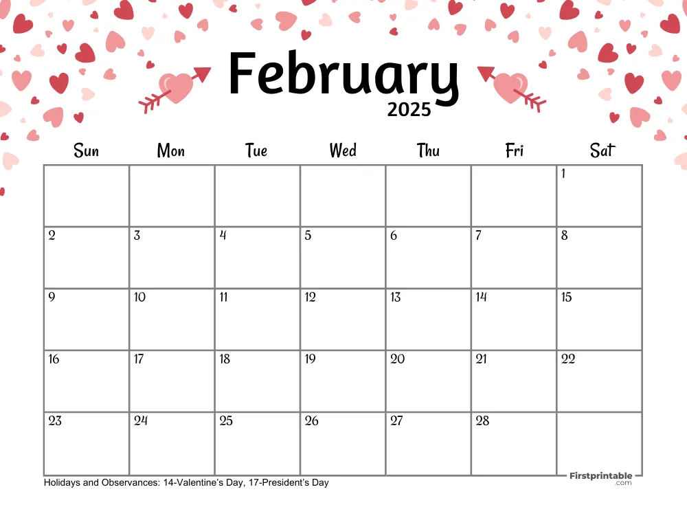 February Calendar 2025 Valentine's Day