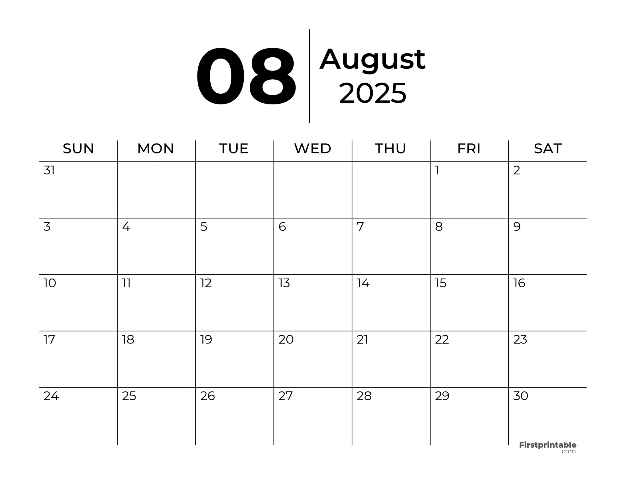 Free Printable August 2025 Calendar