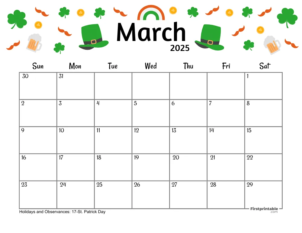 March Calendar 2025 St. Patrick's Day