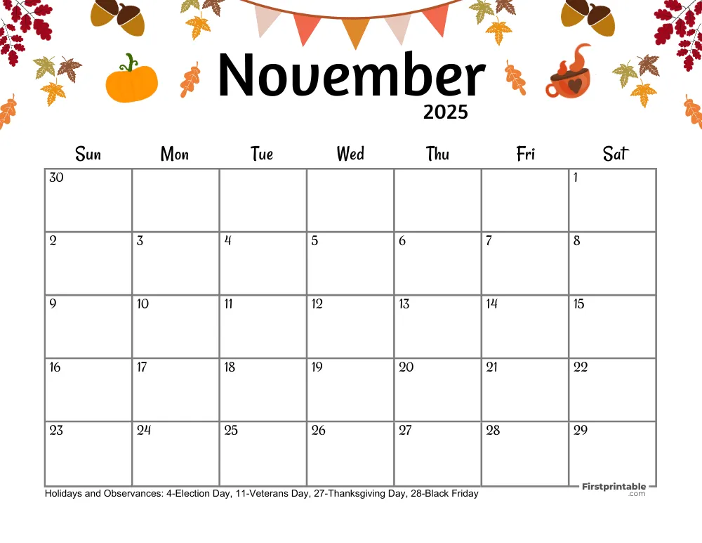 November Calendar 2025 Thanksgiving Day