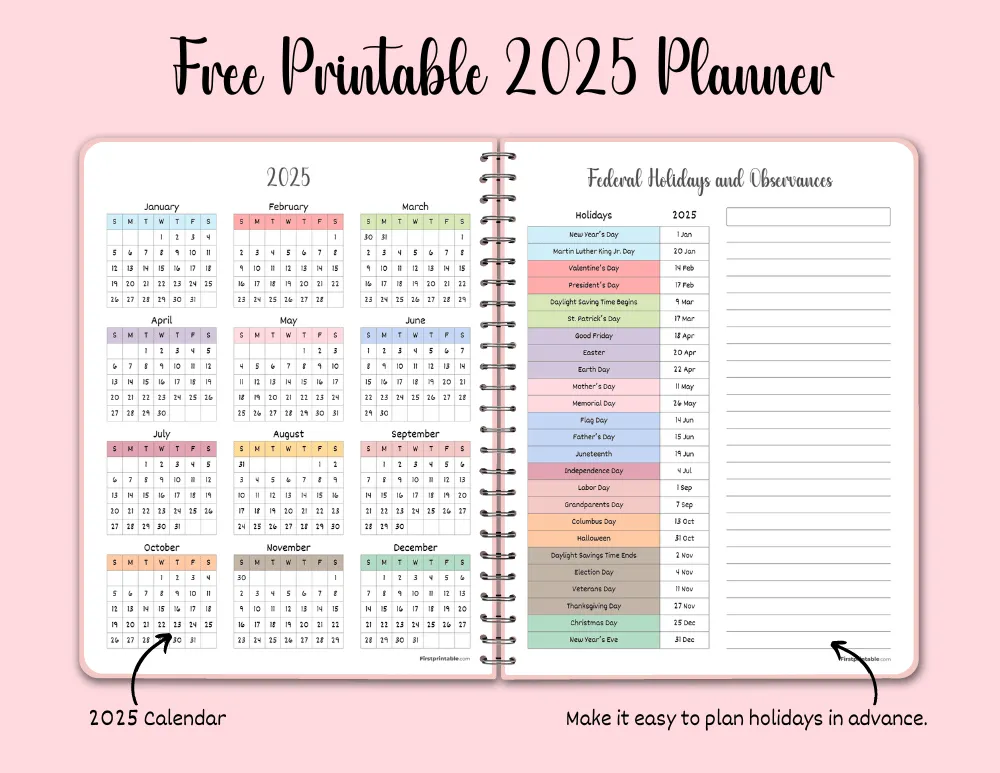 Planner 2025 Calendar and Federal Holidays