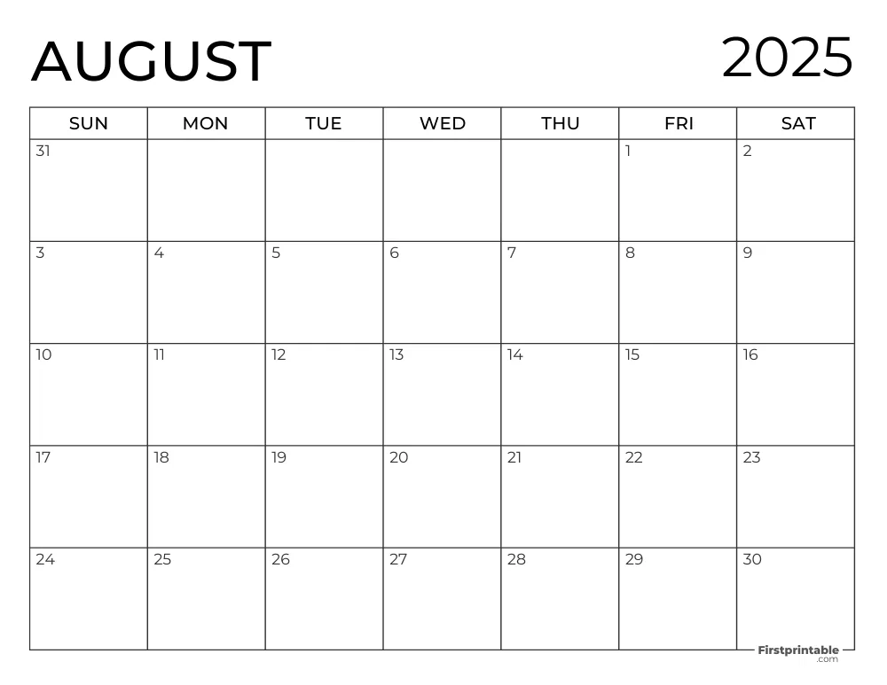 Printable August 2025 Calendar