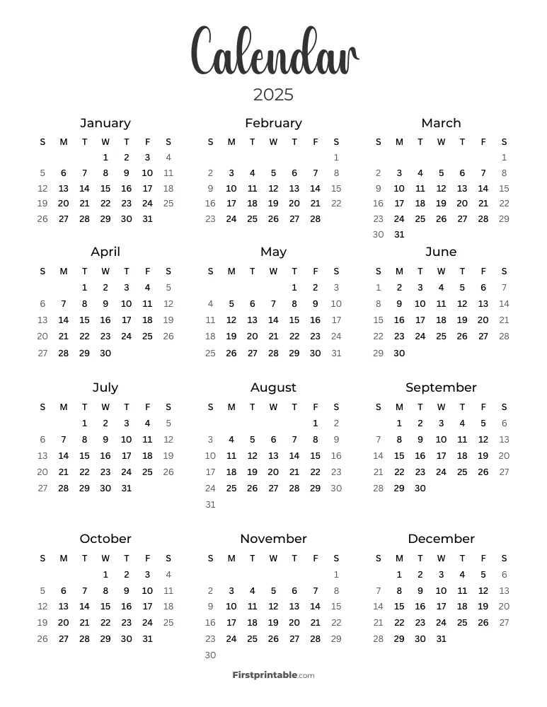 2025 Calendar - Sunday Start