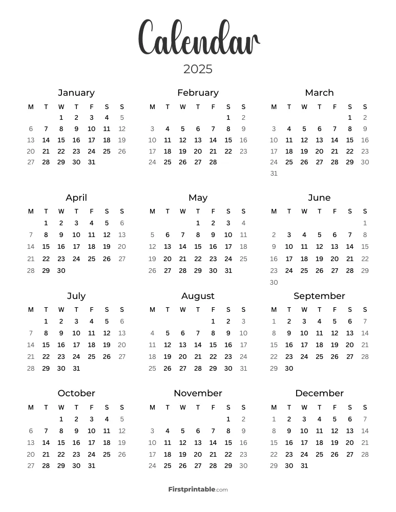 2025 Calendar - Monday Start