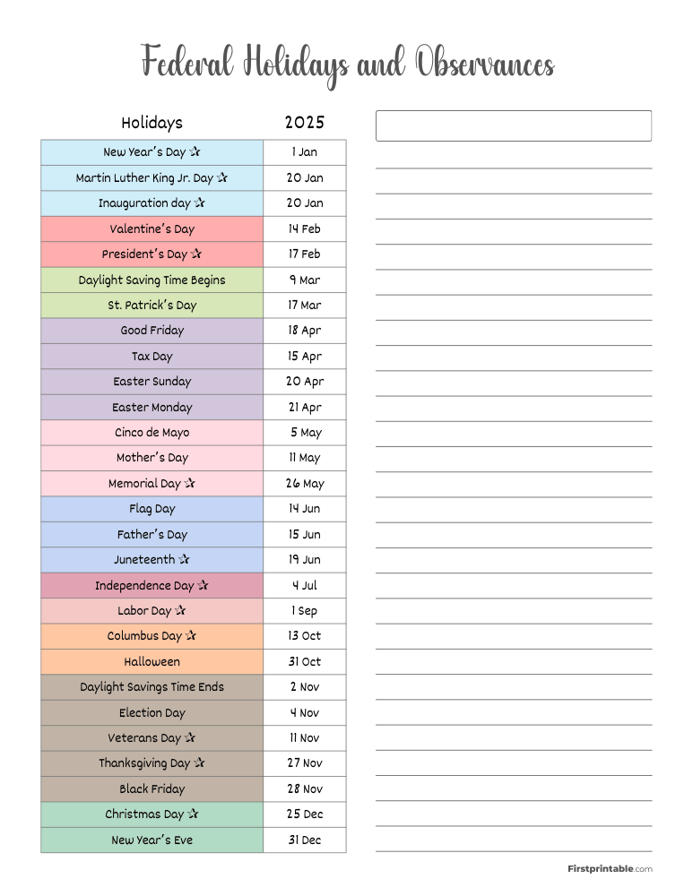 2025 Federal Holidays