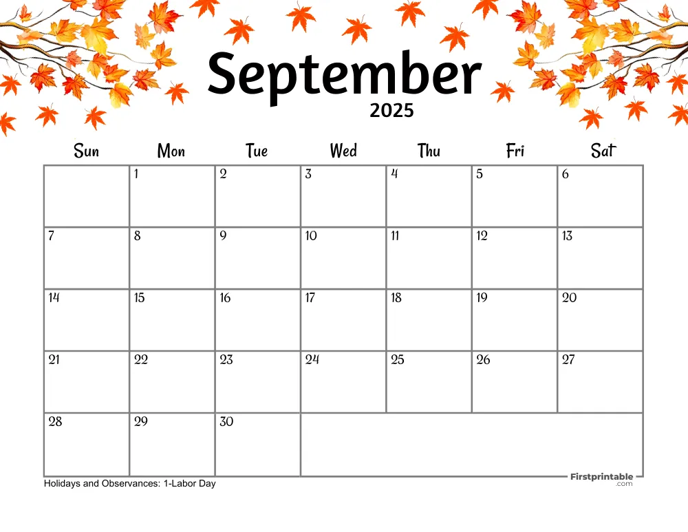 September Calendar 2025 Fall