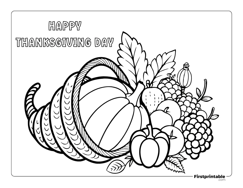 "Happy Thanksgiving Day" Cornucopia to Color