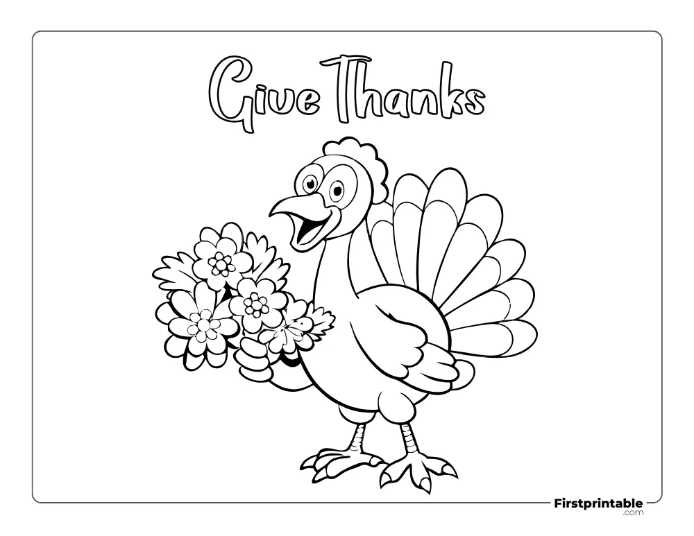 "Give Thanks" Turkey with Flowers Coloring Page