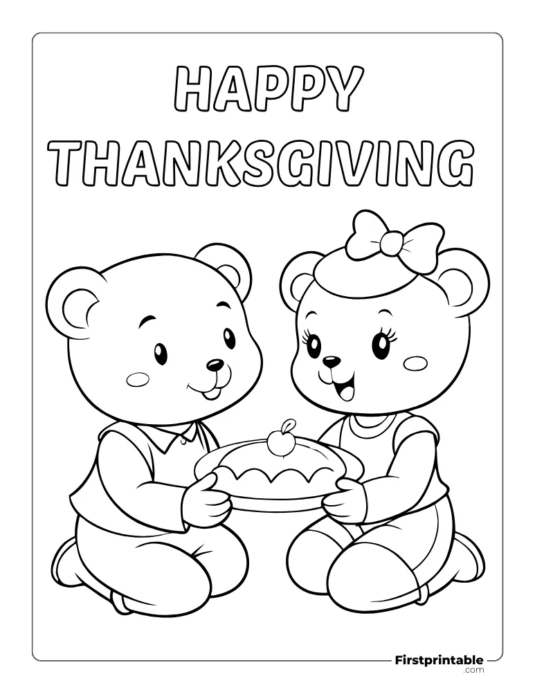 Cute Teddy Couple with Pumpkin Pie Coloring sheet