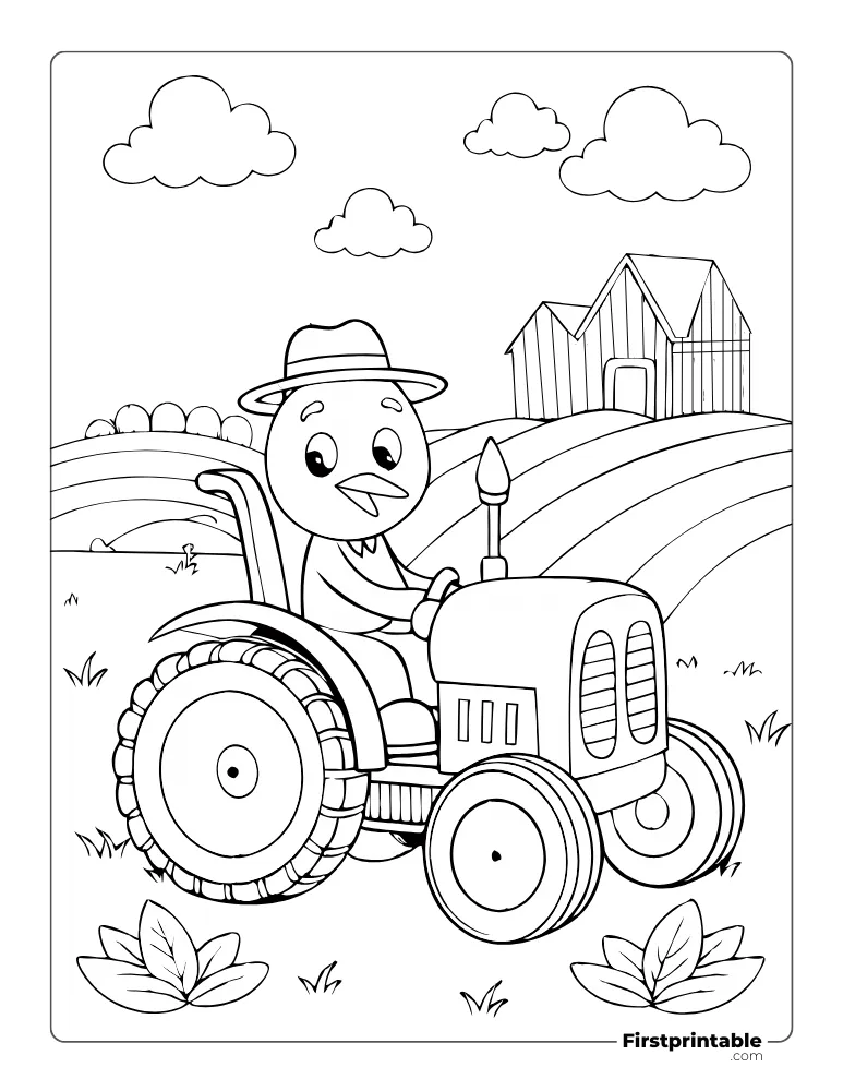 Turkey driving Tractor in the Farm Field Coloring Page