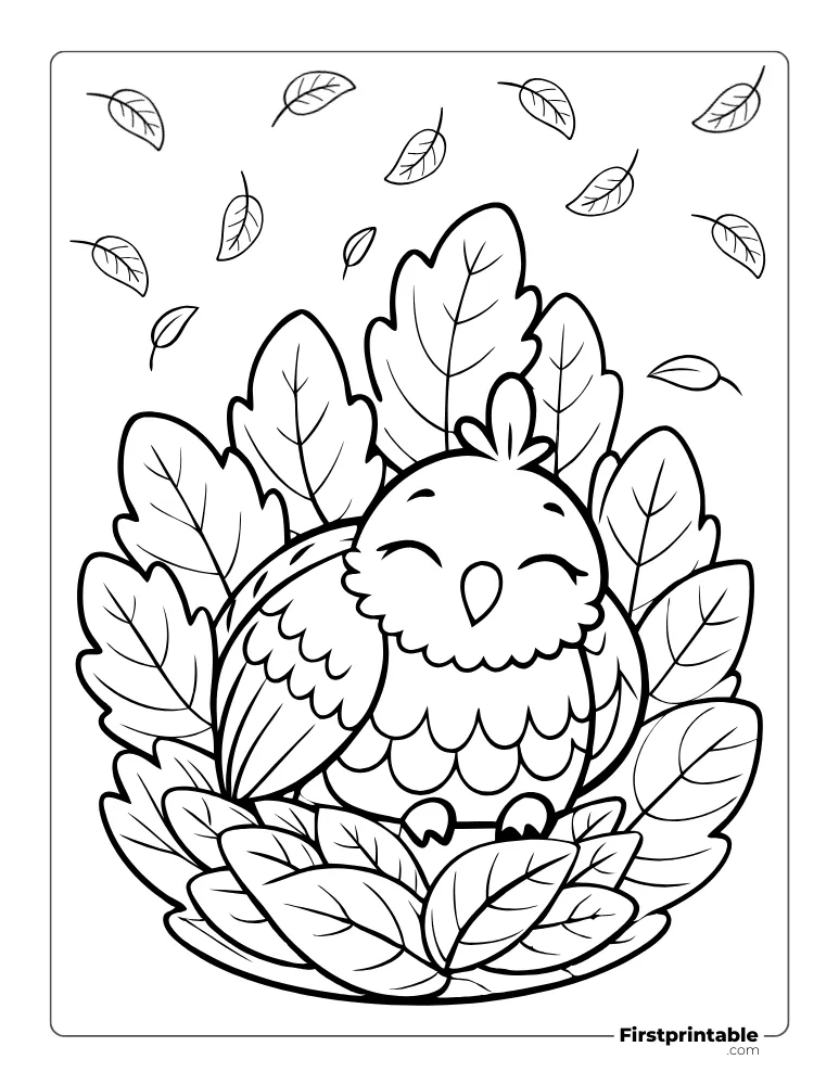 Baby Turkey Sleeping in Pile of Leaves Coloring Sheet