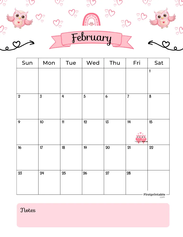 February Calendar 2025 Valentines Day Themed Template 01