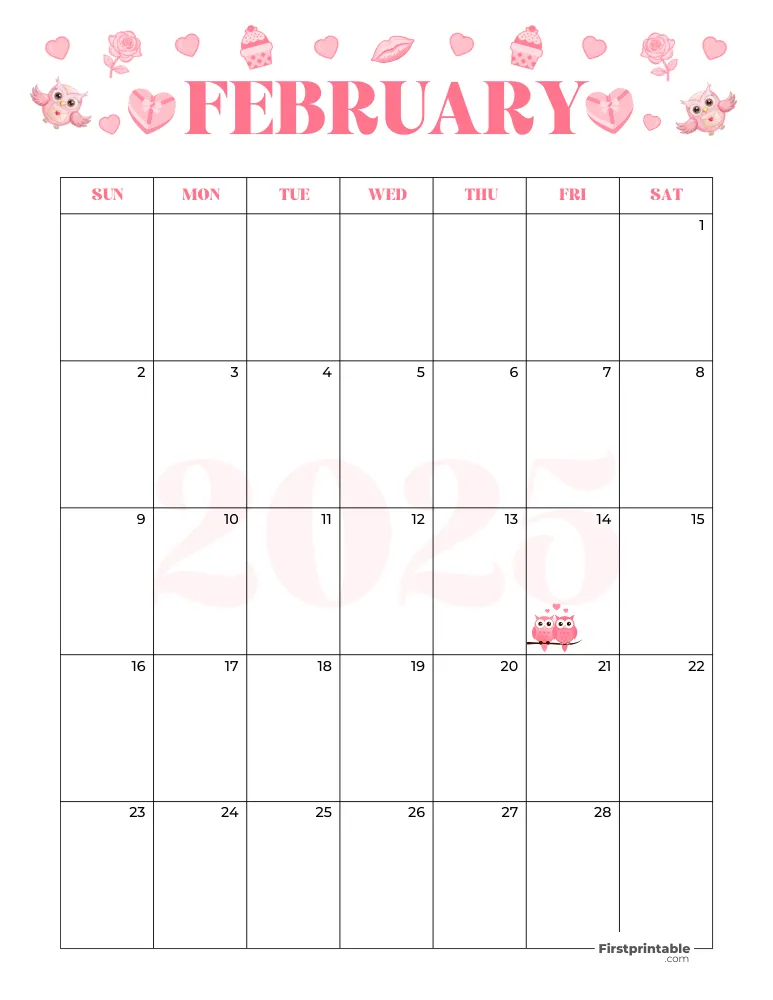 February Calendar 2025 Valentines Day Themed Template 07