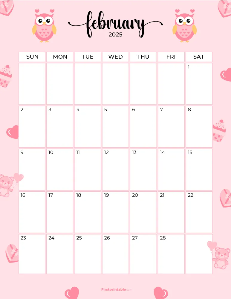 February Calendar 2025 Valentines Day Themed Template 09