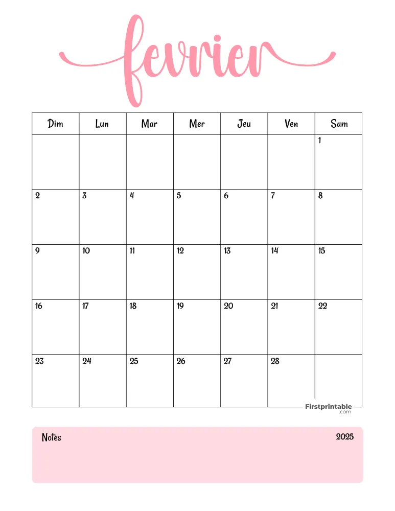 French Printable February Calendar 2025 Template 54