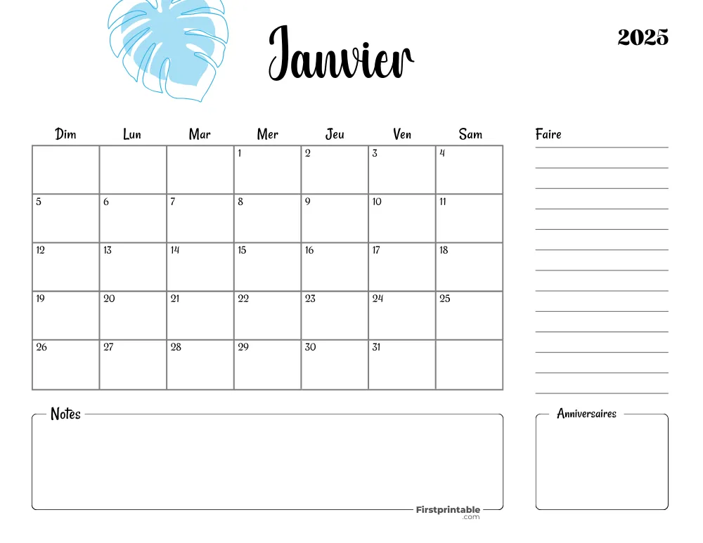 French Printable January Calendar 2025 Template 53