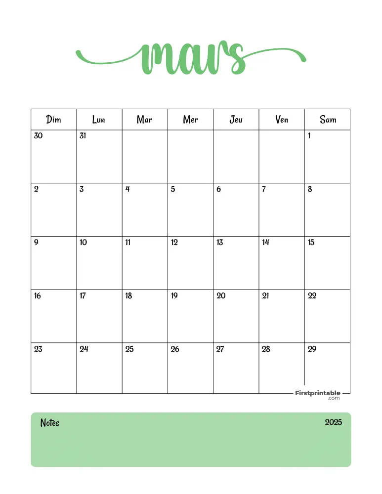 French Printable March Calendar 2025 Template 54