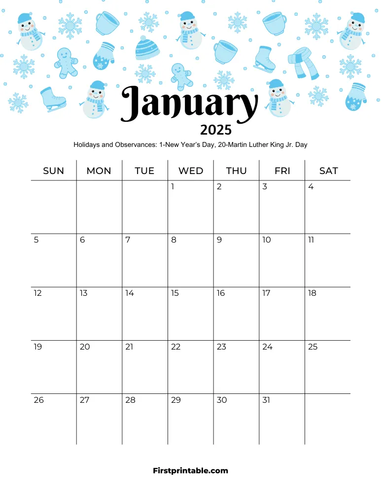 January Calendar 2025 Winter Theme