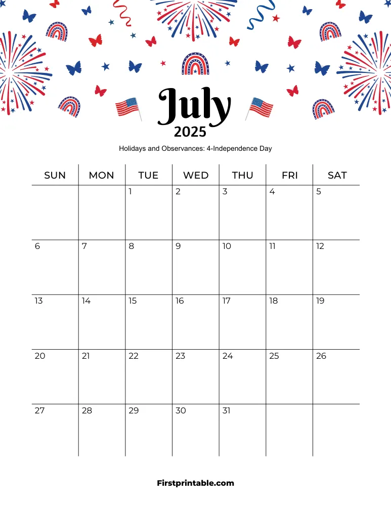 July Calendar 2025 Independence Day Theme