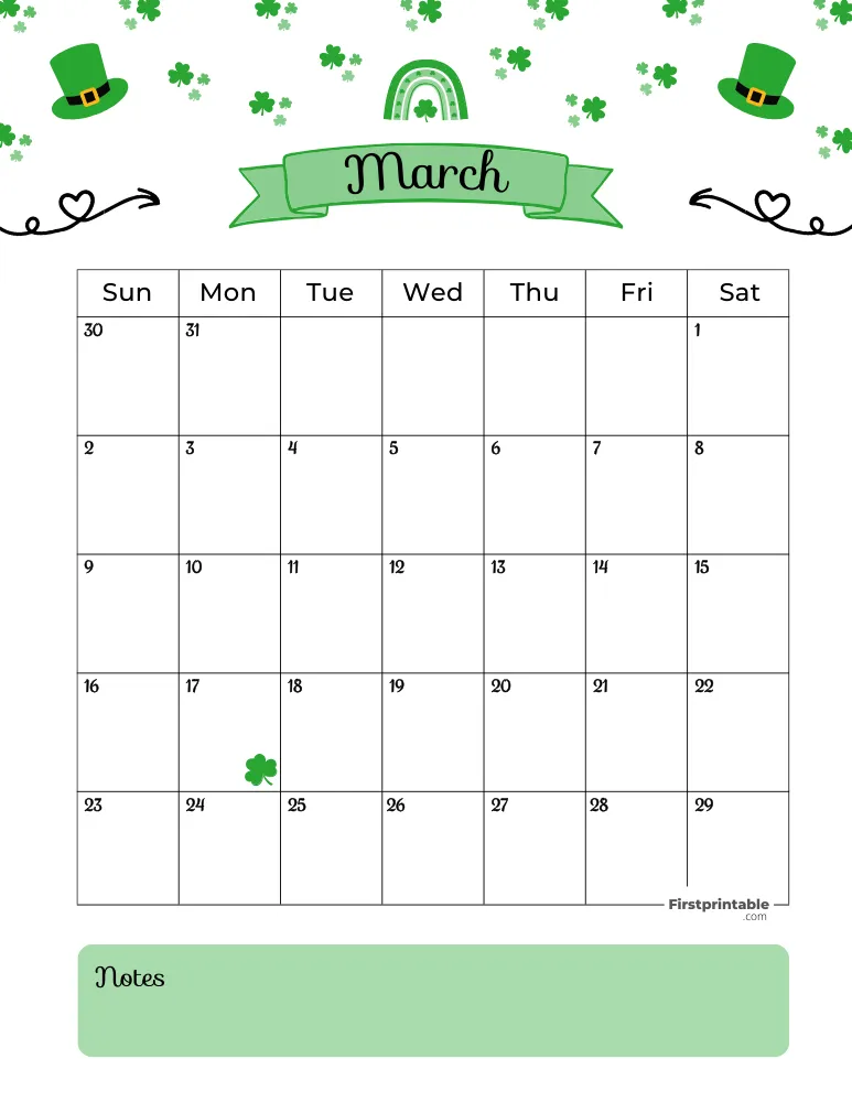 March Calendar 2025 St Patrick's Day Themed Template 01