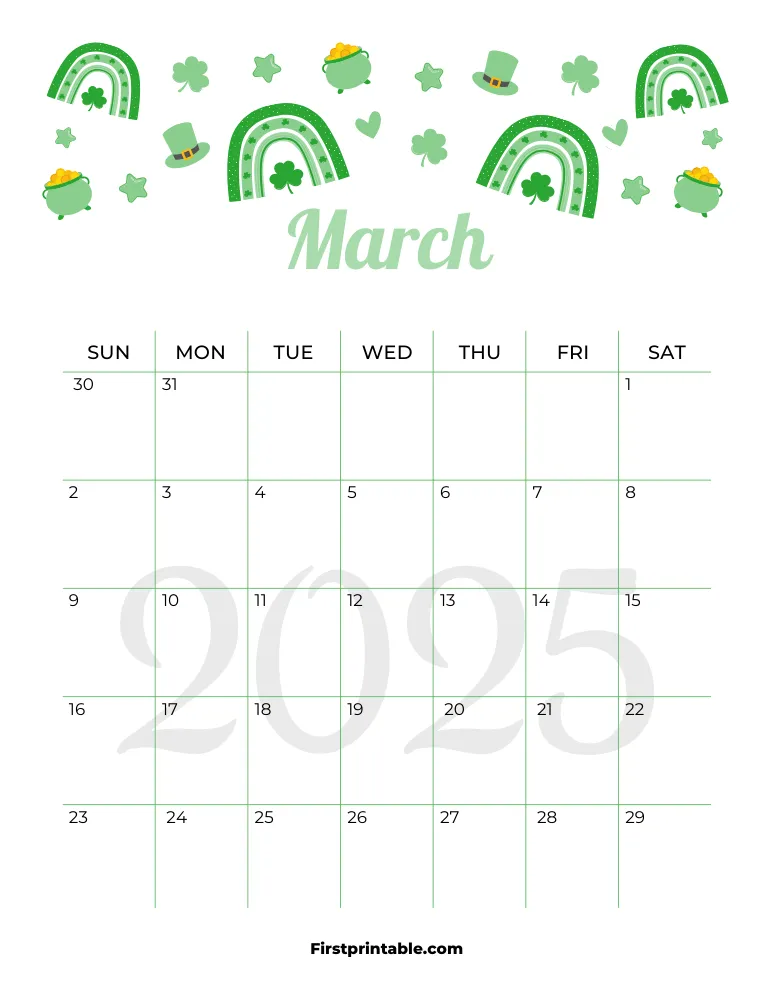 March Calendar 2025 St Patrick's Day Themed Template 06