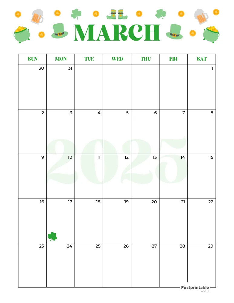 March Calendar 2025 St Patrick's Day Themed Template 07