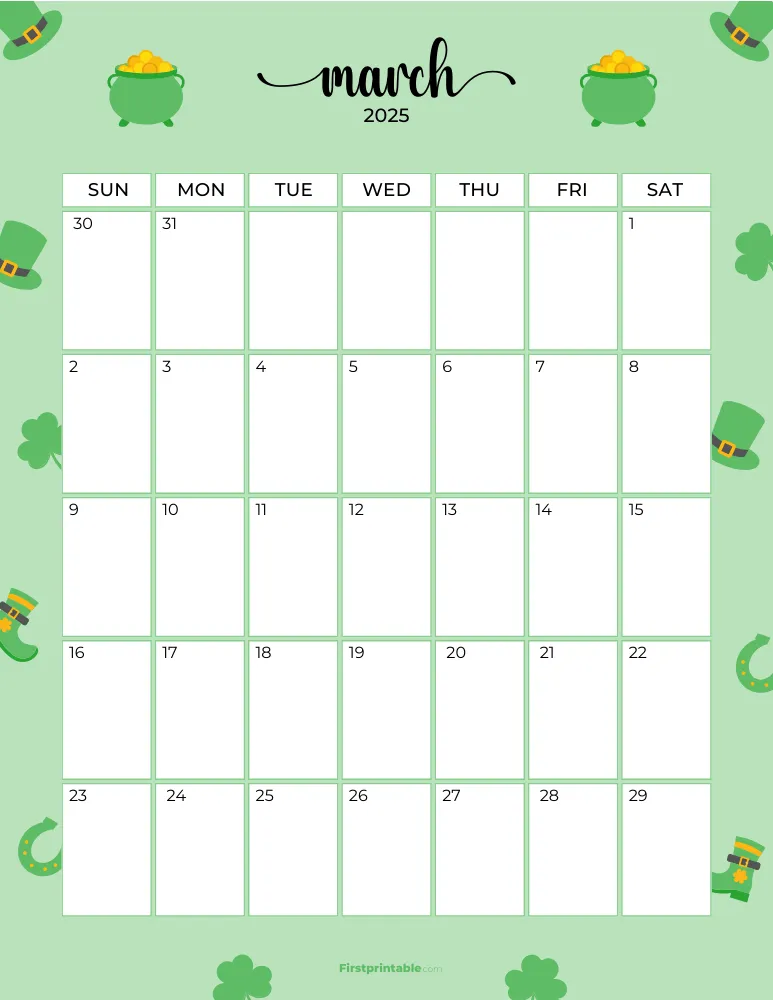 March Calendar 2025 St Patrick's Day Themed Template 09