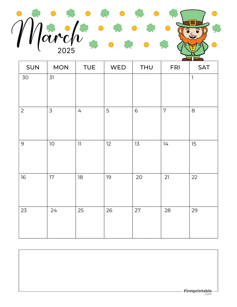 March Calendar 2025 St Patrick's Day Themed Template 10