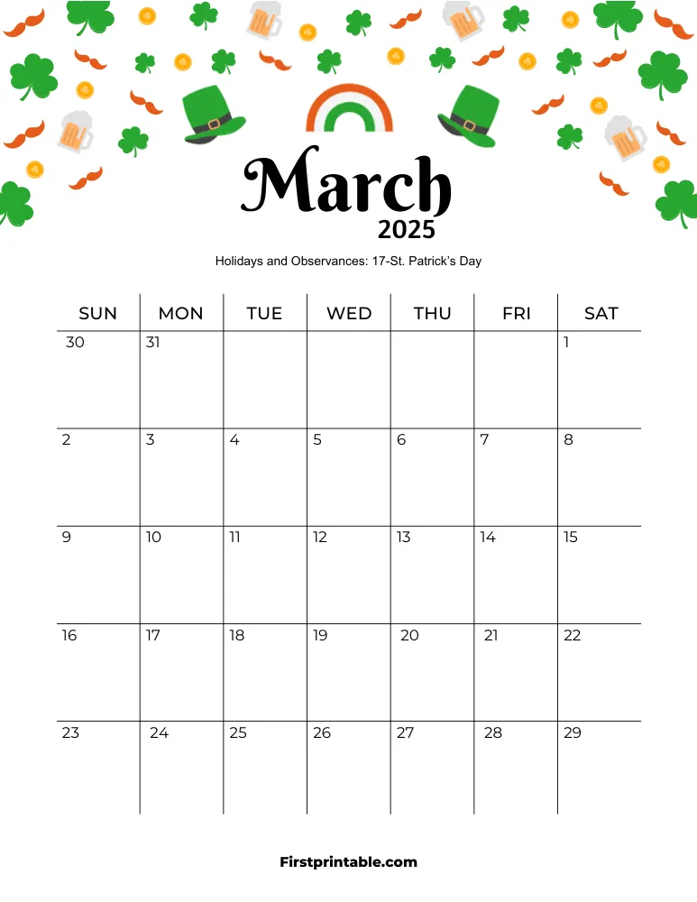 March Calendar 2025 St. Patricks Day Theme