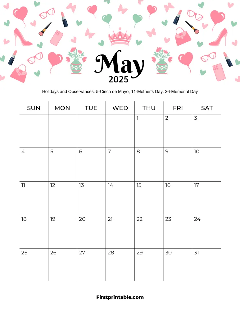 May Calendar 2025 Mothers Day Theme