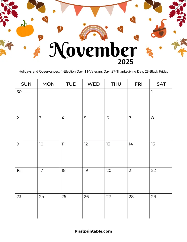 November 2025 Calendar Thanksgiving Theme